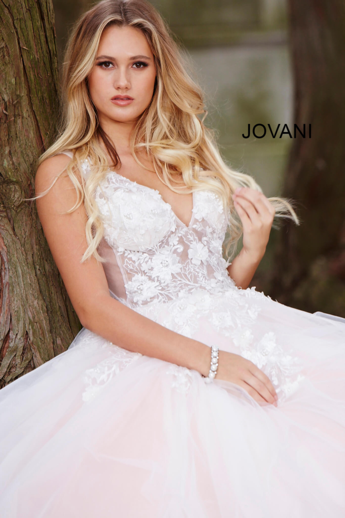 Model wearing Jovani 55634 Red Floral Appliques Dress 2023