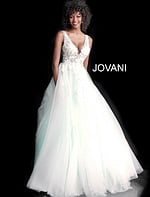 Model wearing Jovani 55634 Red Floral Appliques Dress 2023