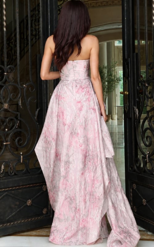 Pink and grey marbled print strapless gown with full A-line skirt, back view