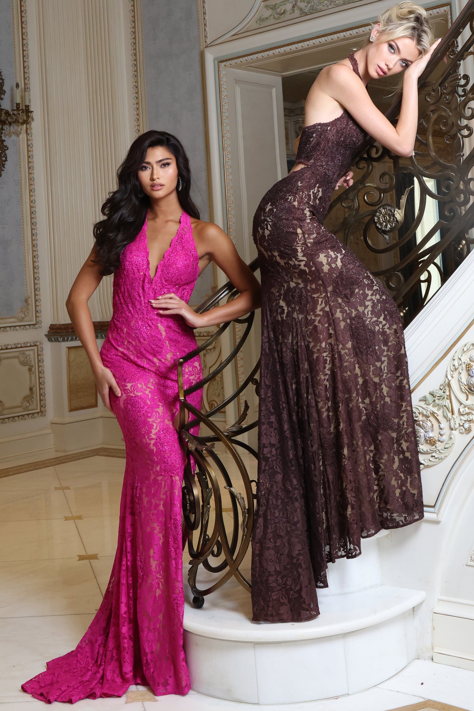fuchsia and chocolate lace halter gowns shown together, plunging V front and open back view 55661