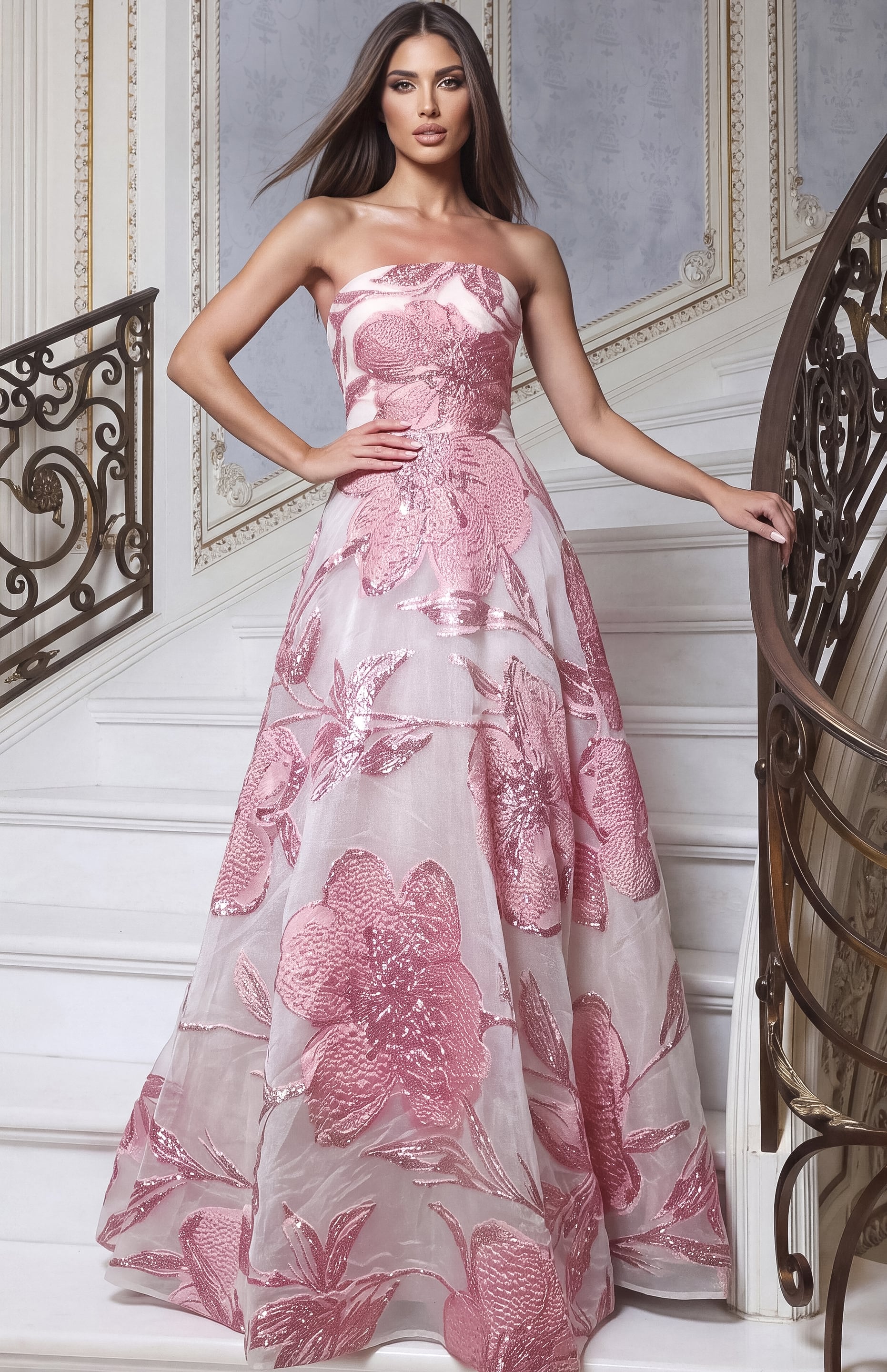 Strapless organza ball gown printed with rose sequin blossoms over a blush full skirt