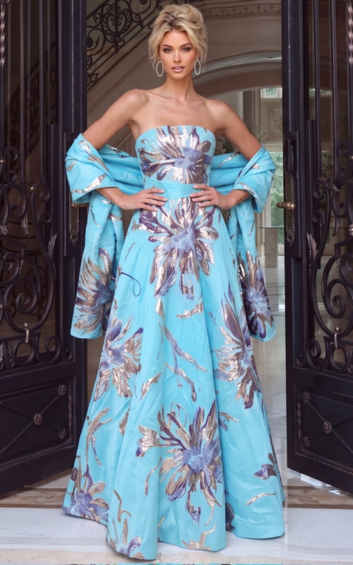 Turquoise strapless floral evening gown with metallic accents and flowing off-shoulder sleeves.