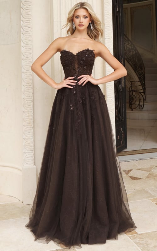 chocolate brown glitter tulle ballgown with floral applique corset bodice and sweetheart neckline 55729
