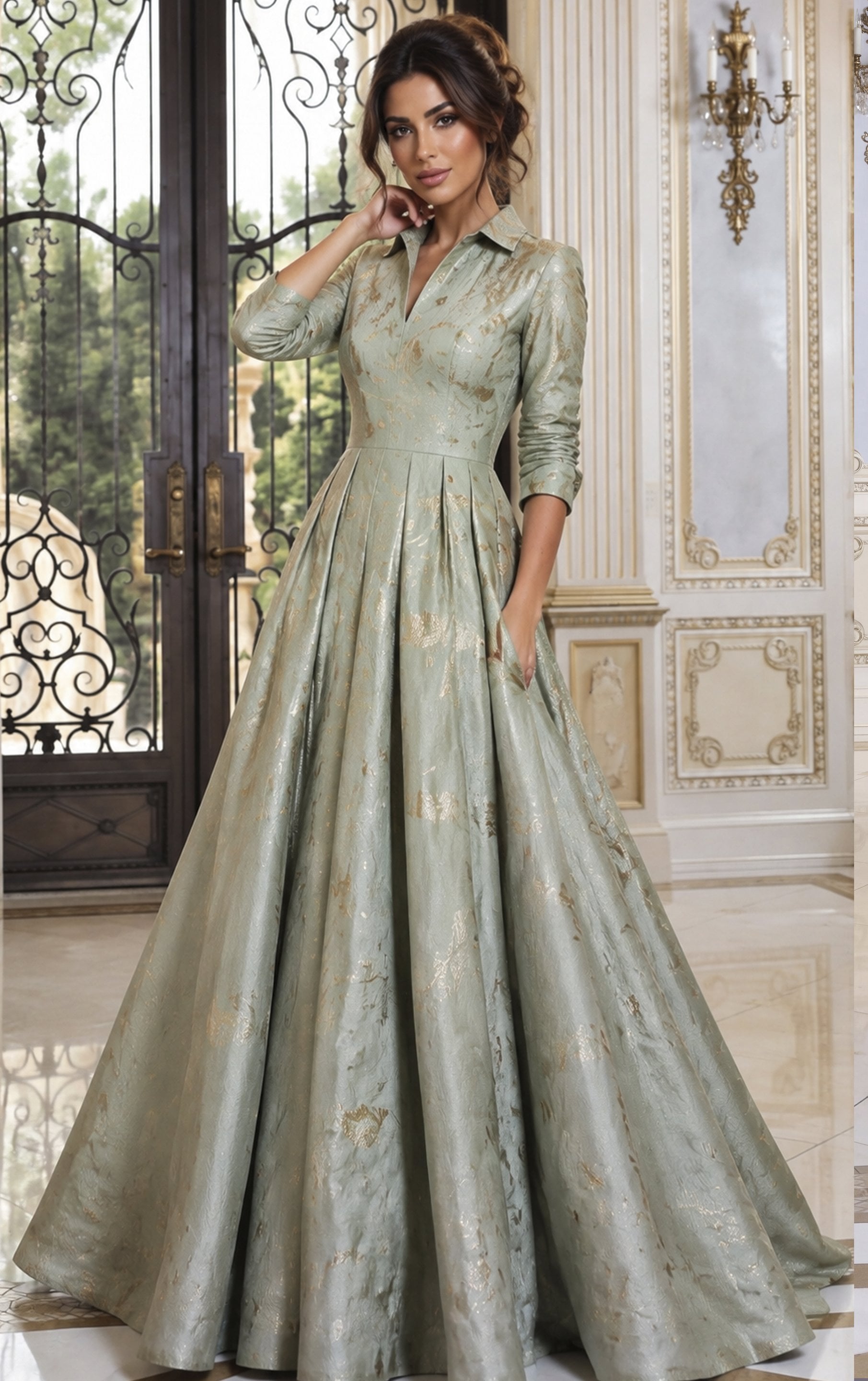 sage green Jovani 55735 Front, metallic pattern