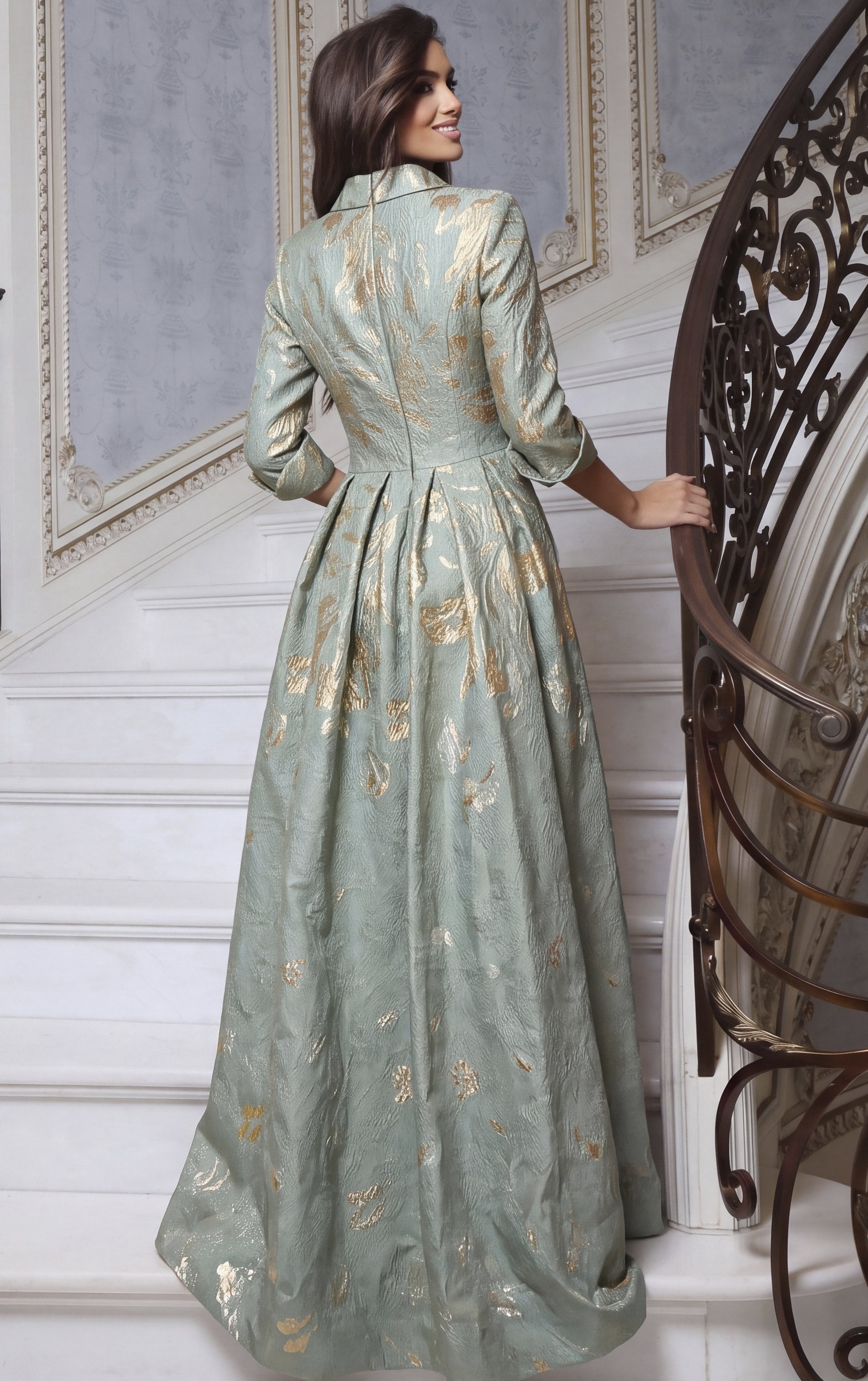 sage green Jovani 55735 Back view, gold pattern