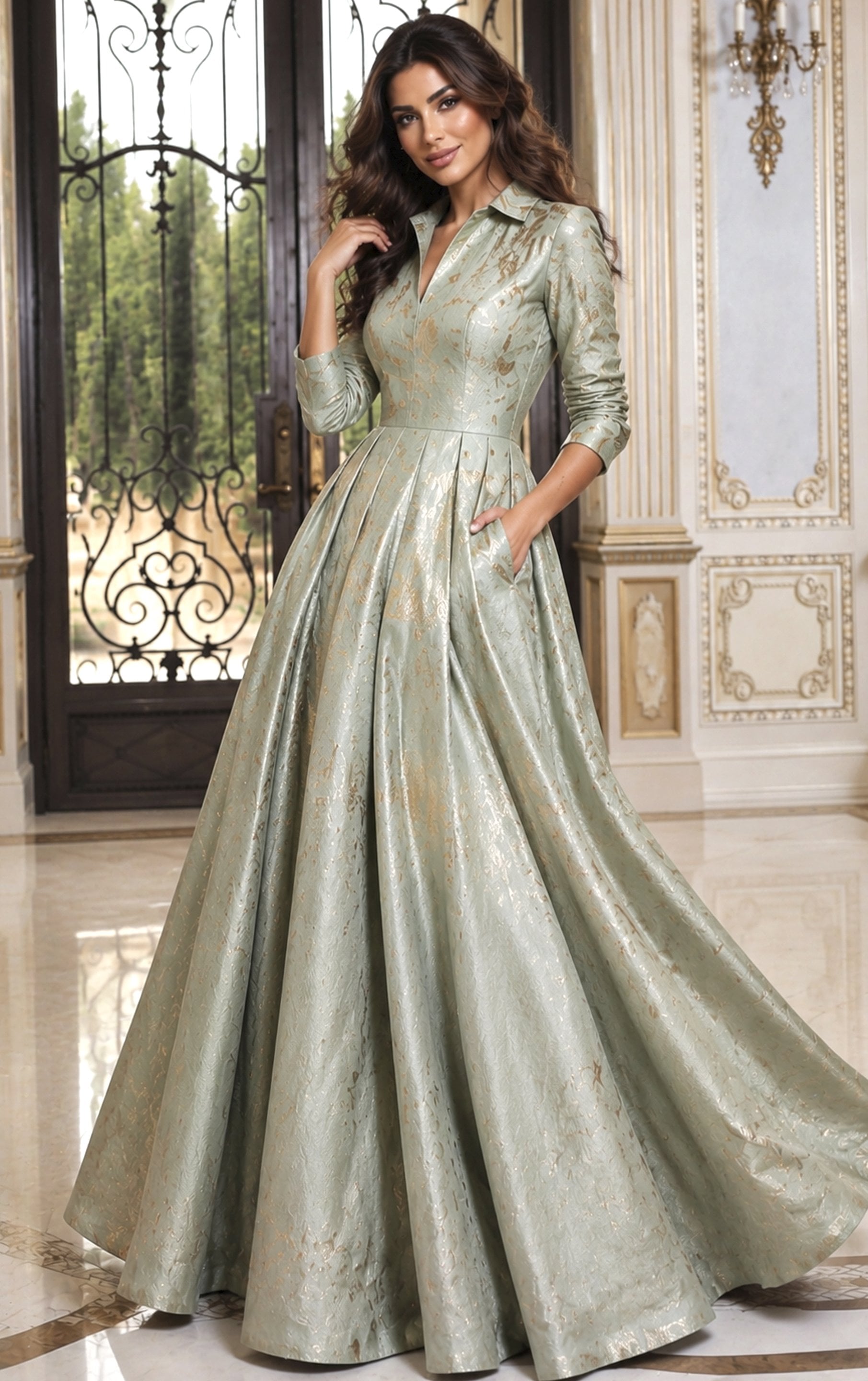 sage green Jovani 55735 Front, visible side pockets