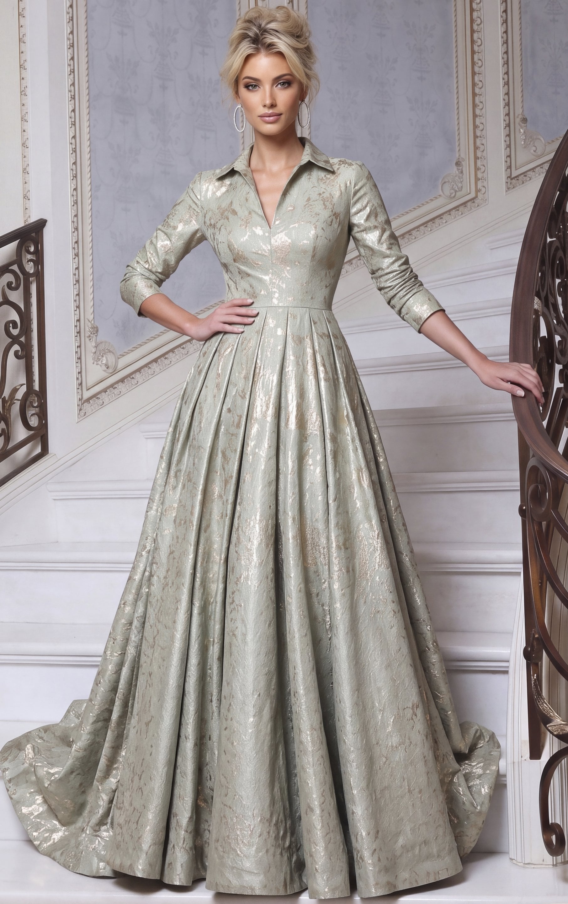 sage green Jovani 55735 front, collared neckline