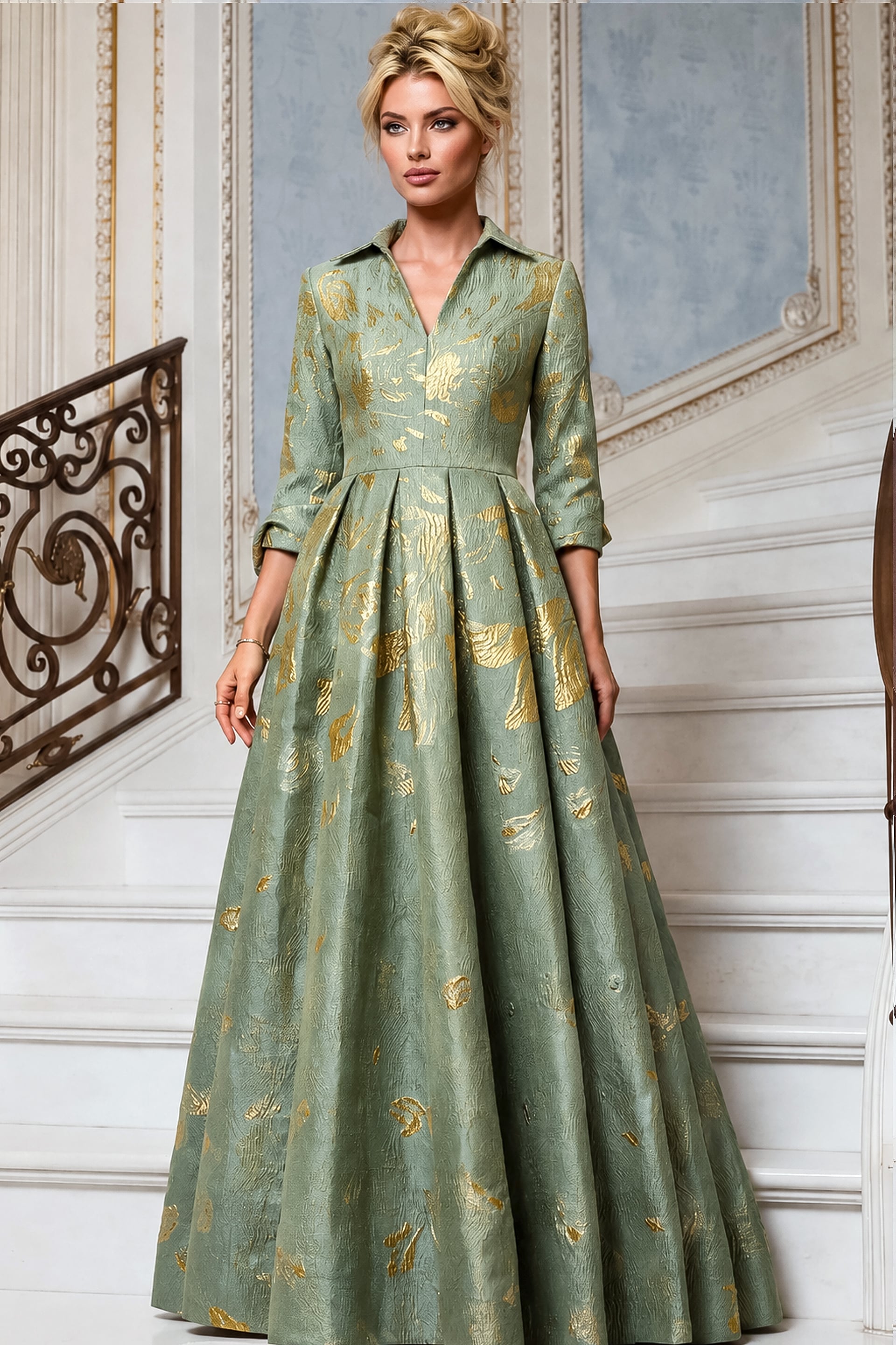 V-Neck Gold Pattern Ball Gown 55735 - Image 3