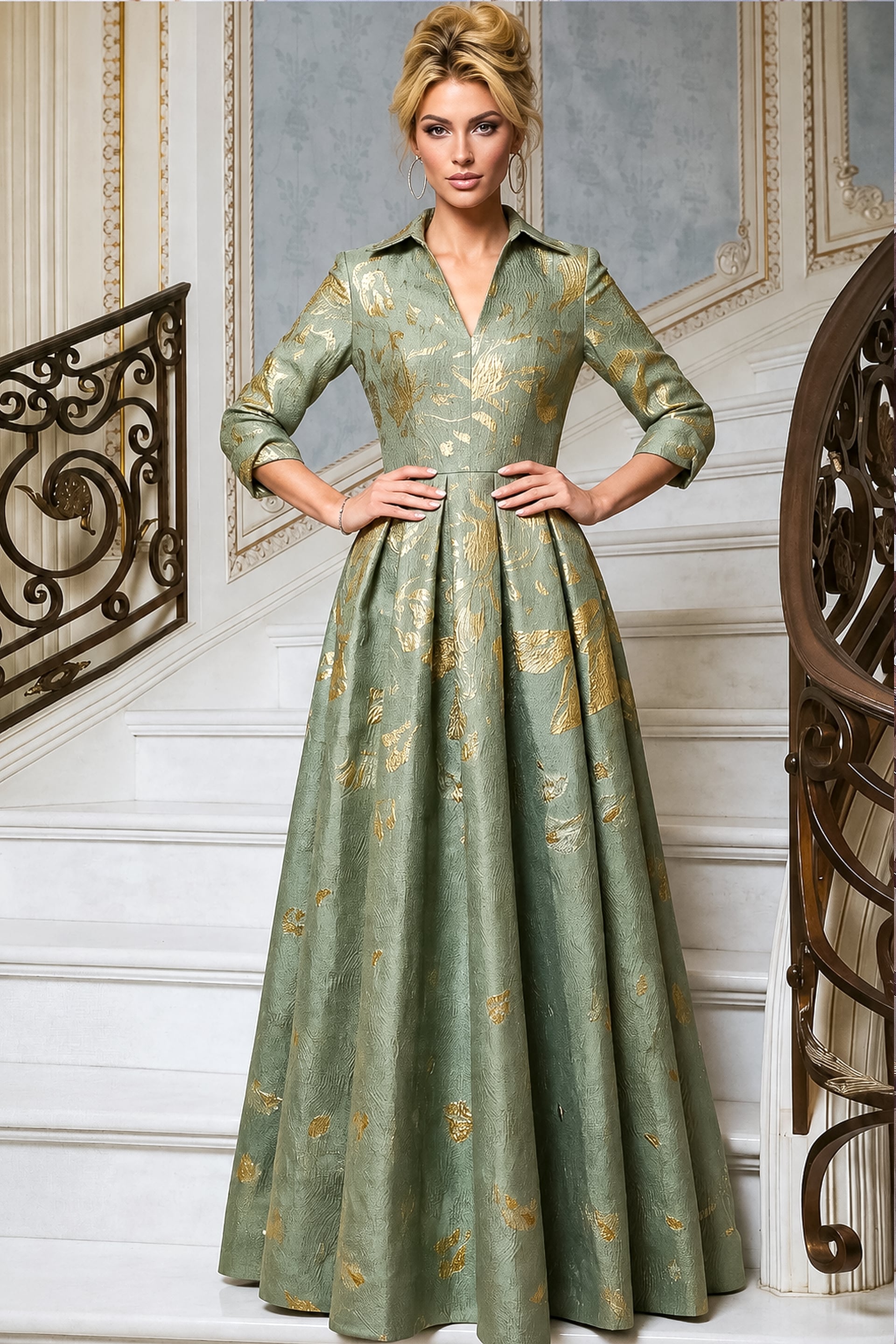 V-Neck Gold Pattern Ball Gown 55735 - Image 4