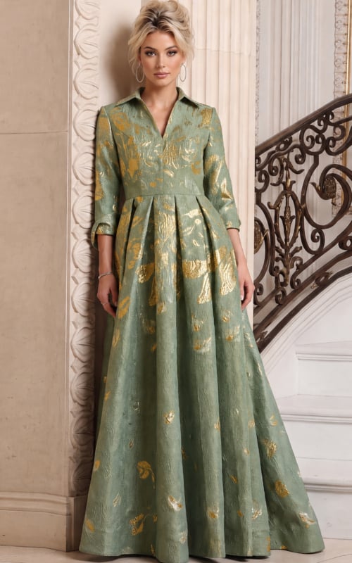 Elegant floor-length sage and gold brocade gown with three-quarter sleeves.