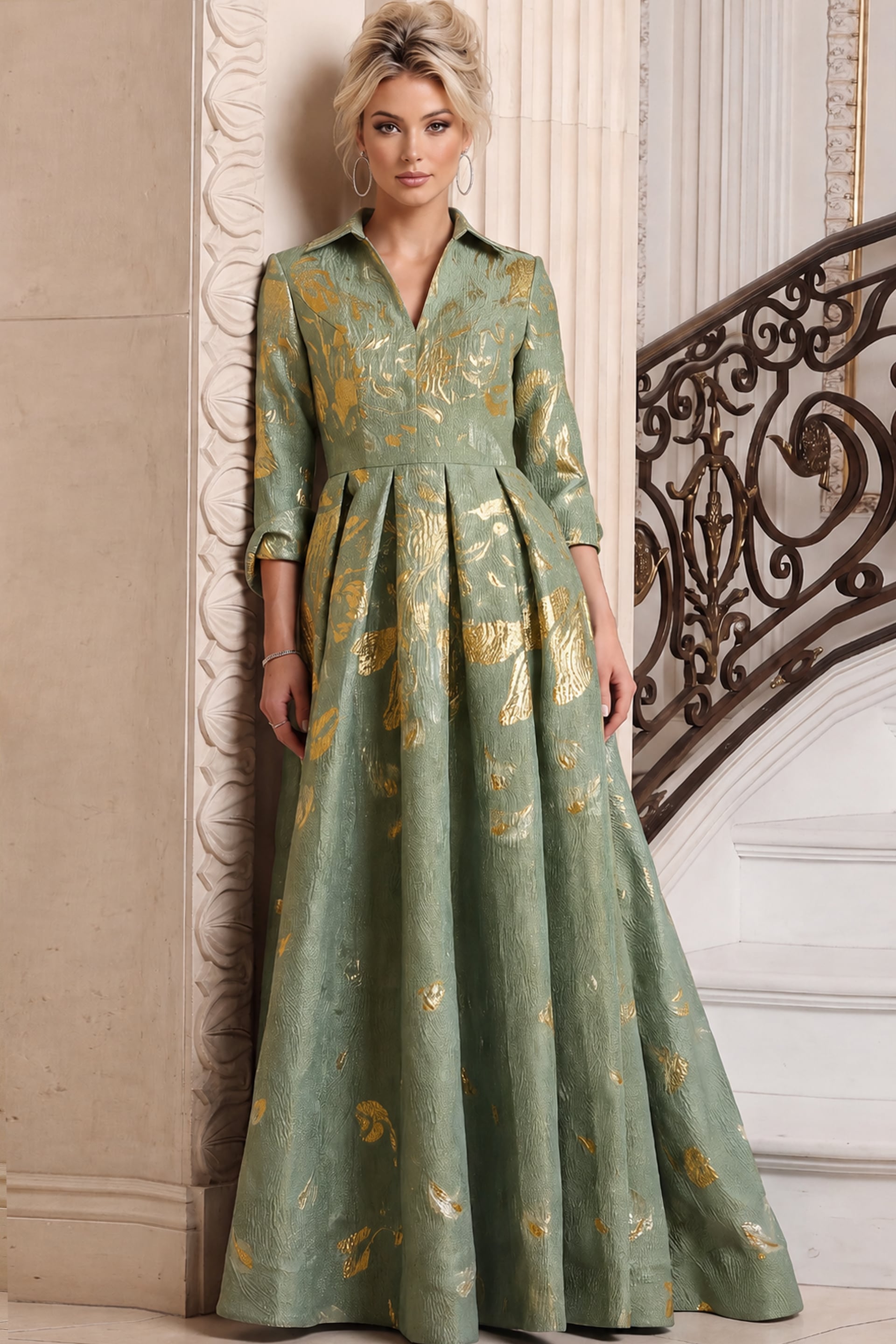 Elegant floor-length sage and gold brocade gown with three-quarter sleeves.