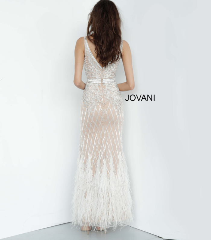 Model wearing Ivory Embellished V Neck Fitted Jovani Dress 55796