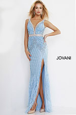 Model wearing Jovani 55796 light blue dress with deep V-neck.