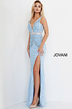 Side view of Jovani 55796 light blue gown with feathered hem.