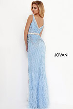 Back view of Jovani 55796 light blue dress with intricate bead pattern.