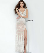 Side view of Jovani 55796 ivory gown featuring lattice beading.