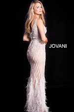 Back view of model wearing Jovani 55796 ivory gown with intricate beading.