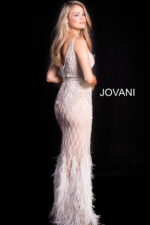 Back view of model wearing Jovani 55796 ivory dress highlighting graceful feathered details.