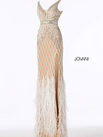 Close-up of Jovani 55796 ivory dress showing beadwork and neckline.