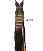 Front view of Jovani 55796 black dress with intricate design and slit.