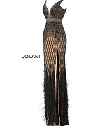 Side view of Jovani 55796 black dress featuring lattice beading and feathers.