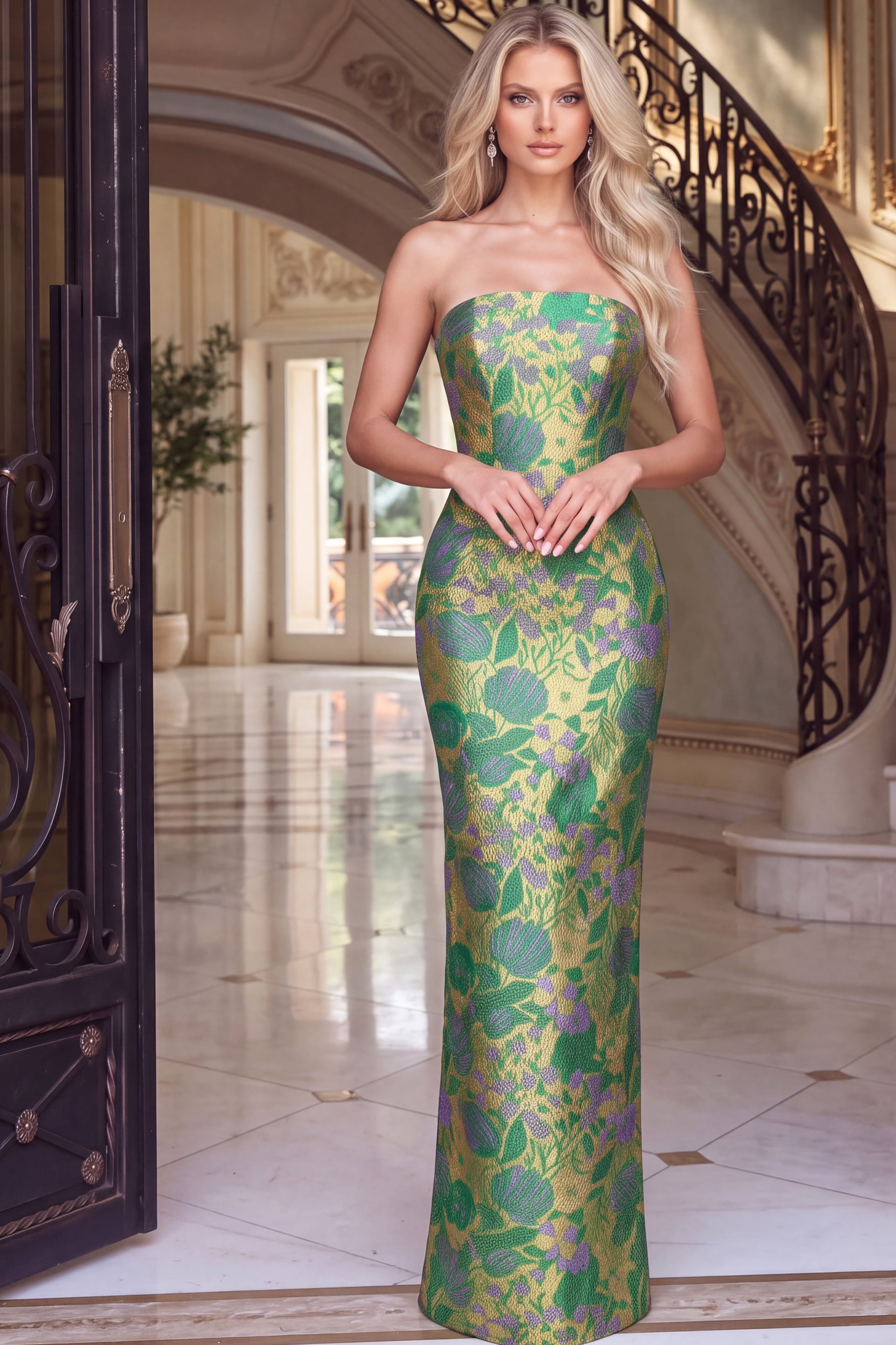 green print strapless dress 55860