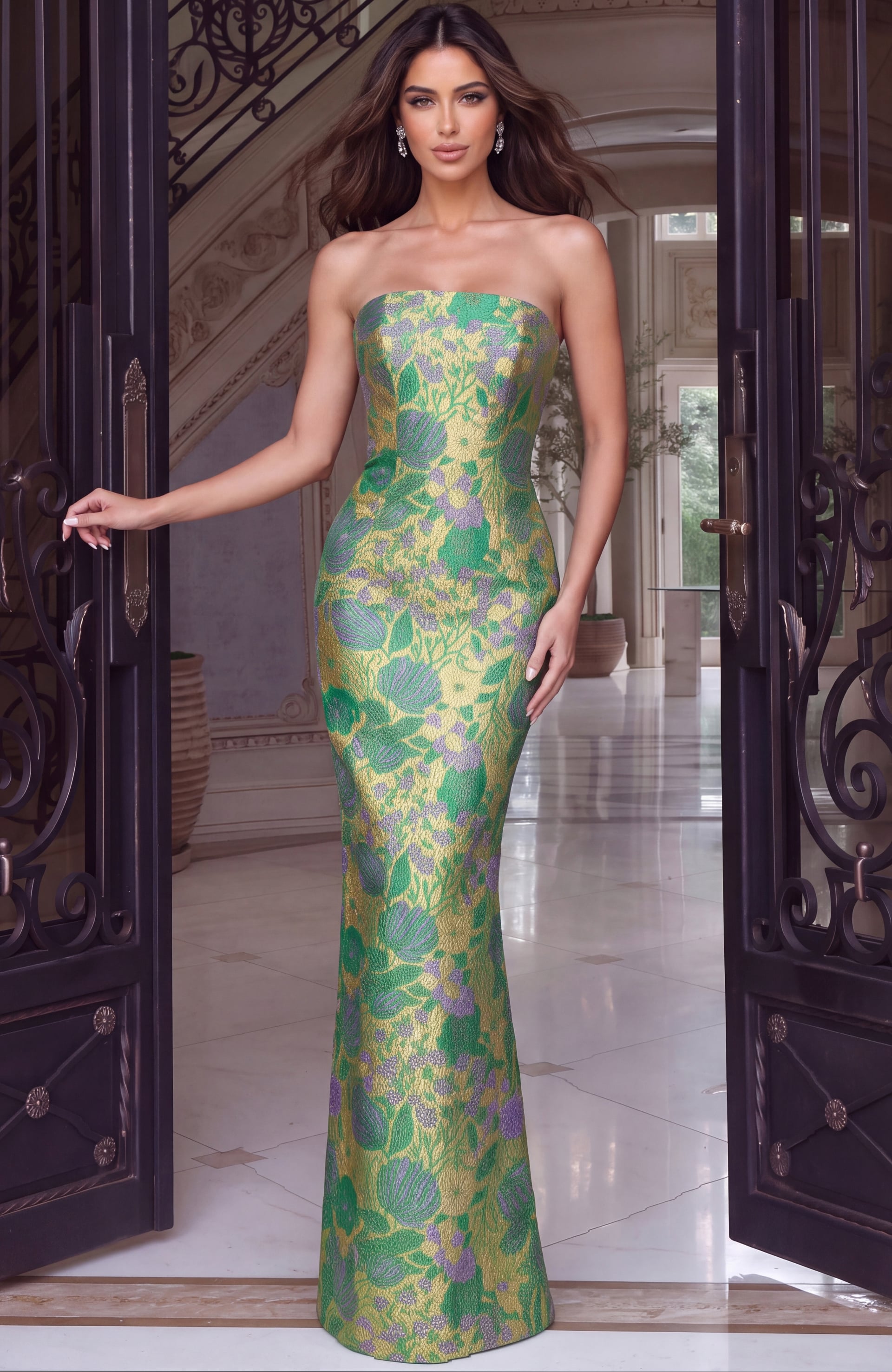 Slim strapless mermaid gown in green and gold floral jacquard with lilac accents