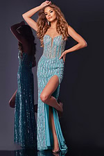 model wearing D5731 blue gown showing front silhouette with high slit