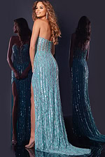 model wearing D5731 blue gown showing back view and train
