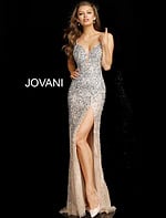 Close-up of Jovani 57932 gown with a V-neckline and high slit.