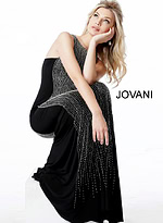 Model wearing Jovani 57935 floor-length black gown with high neckline.