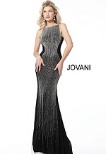 Elegant black Jovani 57935 gown with detailed bead pattern.