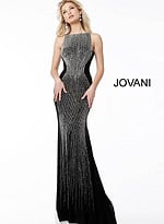 Graceful Jovani 57935 black gown featuring sophisticated beadwork.