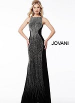 Chic Jovani 57935 black dress with intricate beaded design.