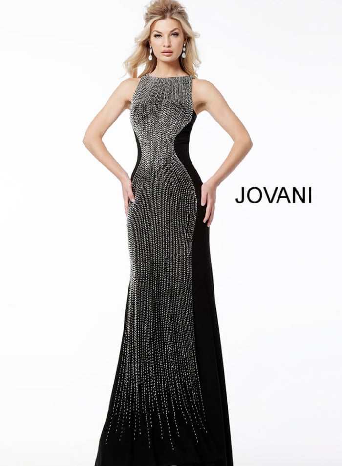 Chic Jovani 57935 black dress with intricate beaded design.