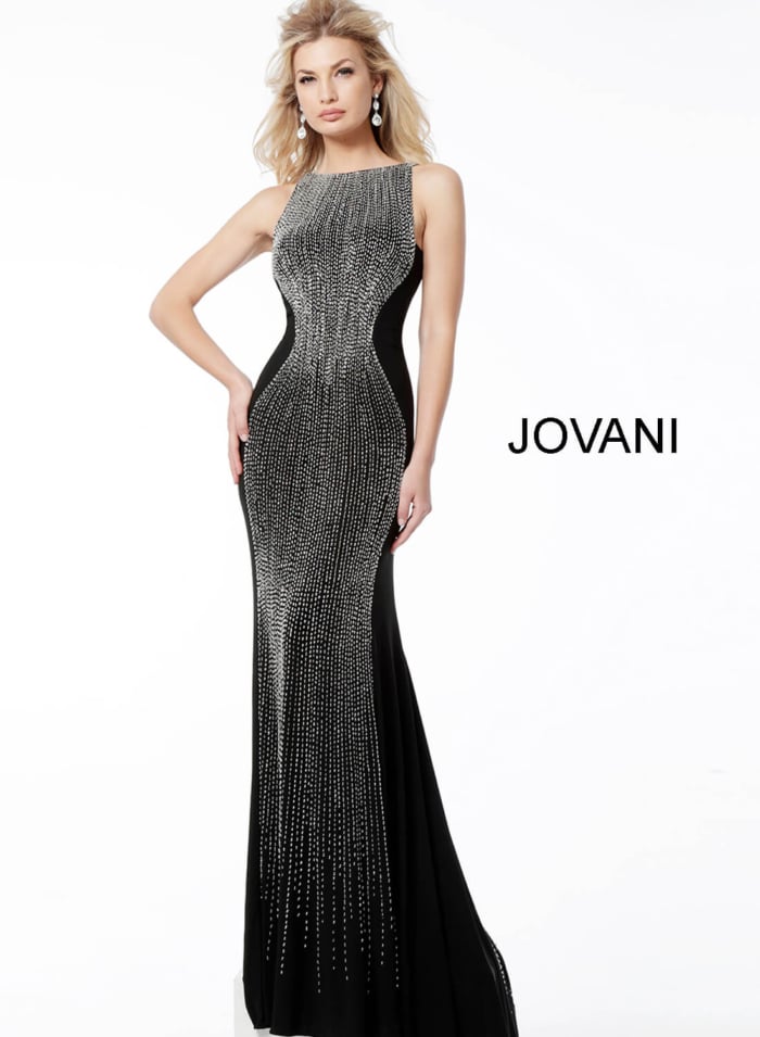 Front view of Jovani 57935 black gown displaying its beadwork.
