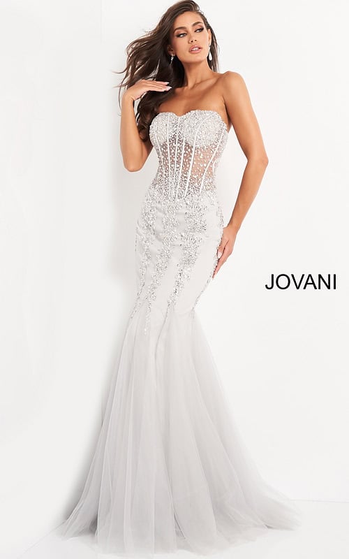 Model wearing Jovani 5908 Nude Embellished Corset Bodice Dress