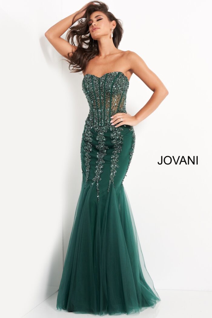 Jovani 5908 gown in deep green shade styled on model.