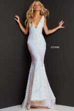 Model wearing Jovani 59762 blush gown with a plunging V-neckline and sequin accents.