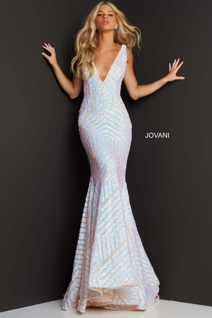 Model wearing Jovani 59762 blush gown with a plunging V-neckline and sequin accents.