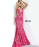 Model wearing Jovani 59762 fuchsia gown with a plunging neckline and elaborate sequin accents.