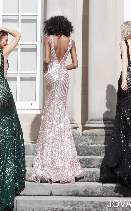 Models showcasing the back of the Jovani 59762 gown in green, pink, and black with sequin details.