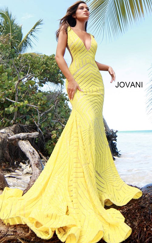 Model wearing Jovani 59762 Low V Neck Sequin Sheath Dress