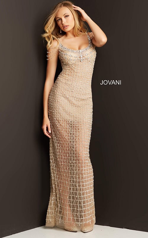 Model wearing Jovani 05997 nude dress with embellished pattern, front view.