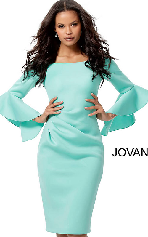 Model wearing Jovani 59992 aqua dress, showcasing long ruffle sleeves.