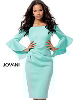 Model wearing Jovani 59992 aqua dress with ruffle sleeves, front view.