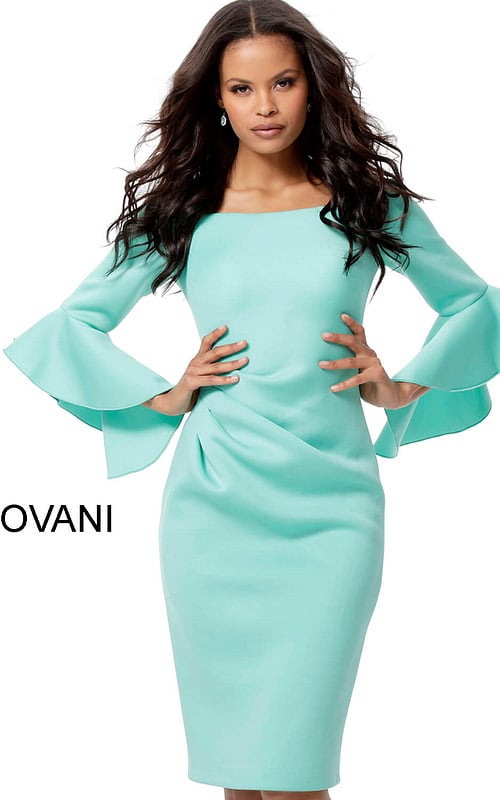 Model wearing Jovani 59992 aqua dress with ruffle sleeves, front view.
