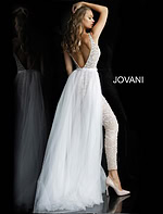 Back view of Jovani 60010 nude gown with plunging V-back and tulle overlay.
