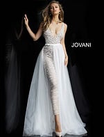 Model wearing Jovani 60010 nude dress with deep V-neckline and sheer skirt overlay.