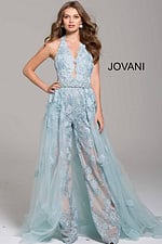 Jovani 60124 dress in light blue, highlighting a halter neck and layered sheer fabric.